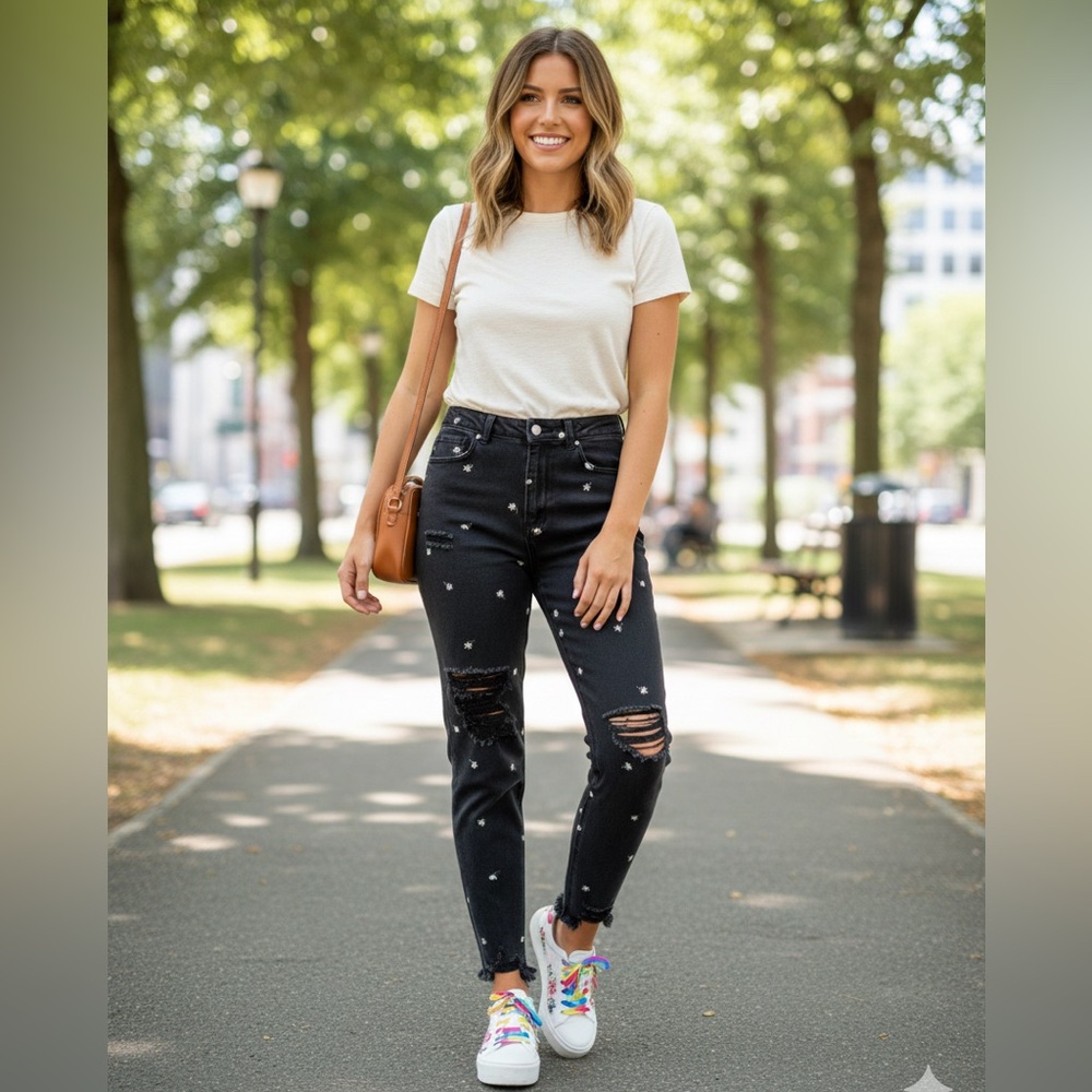 TINSELTOWN Embroidered Daisy Ankle Washed Black Jeans Womens 9/29 Cottagecore